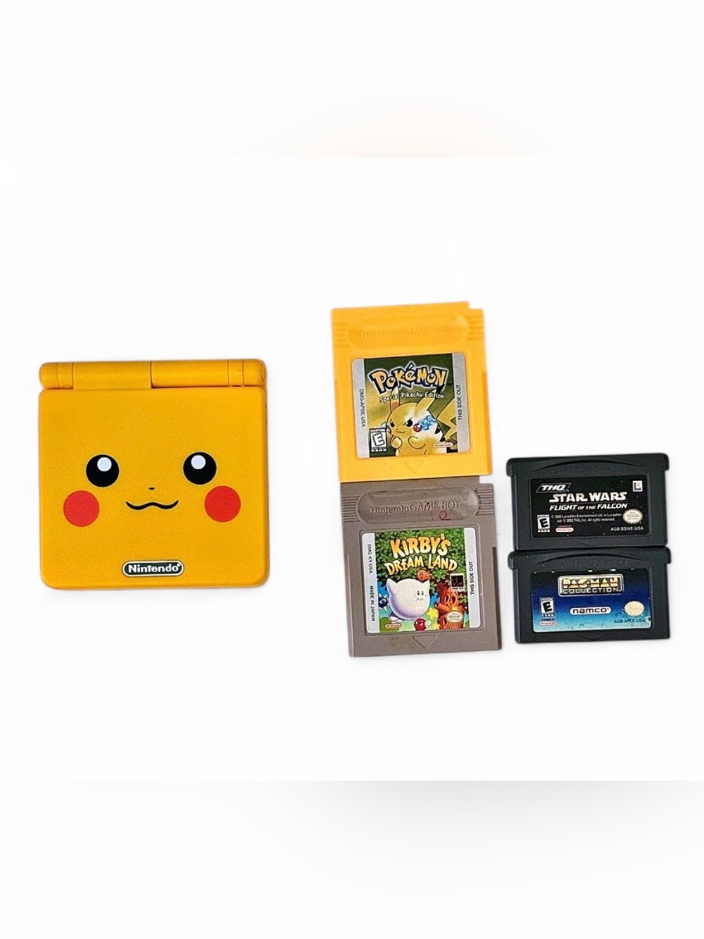 Nintendo Yellow Pikachu Face Game Boy Advance SP with Mixed Game Cartridges